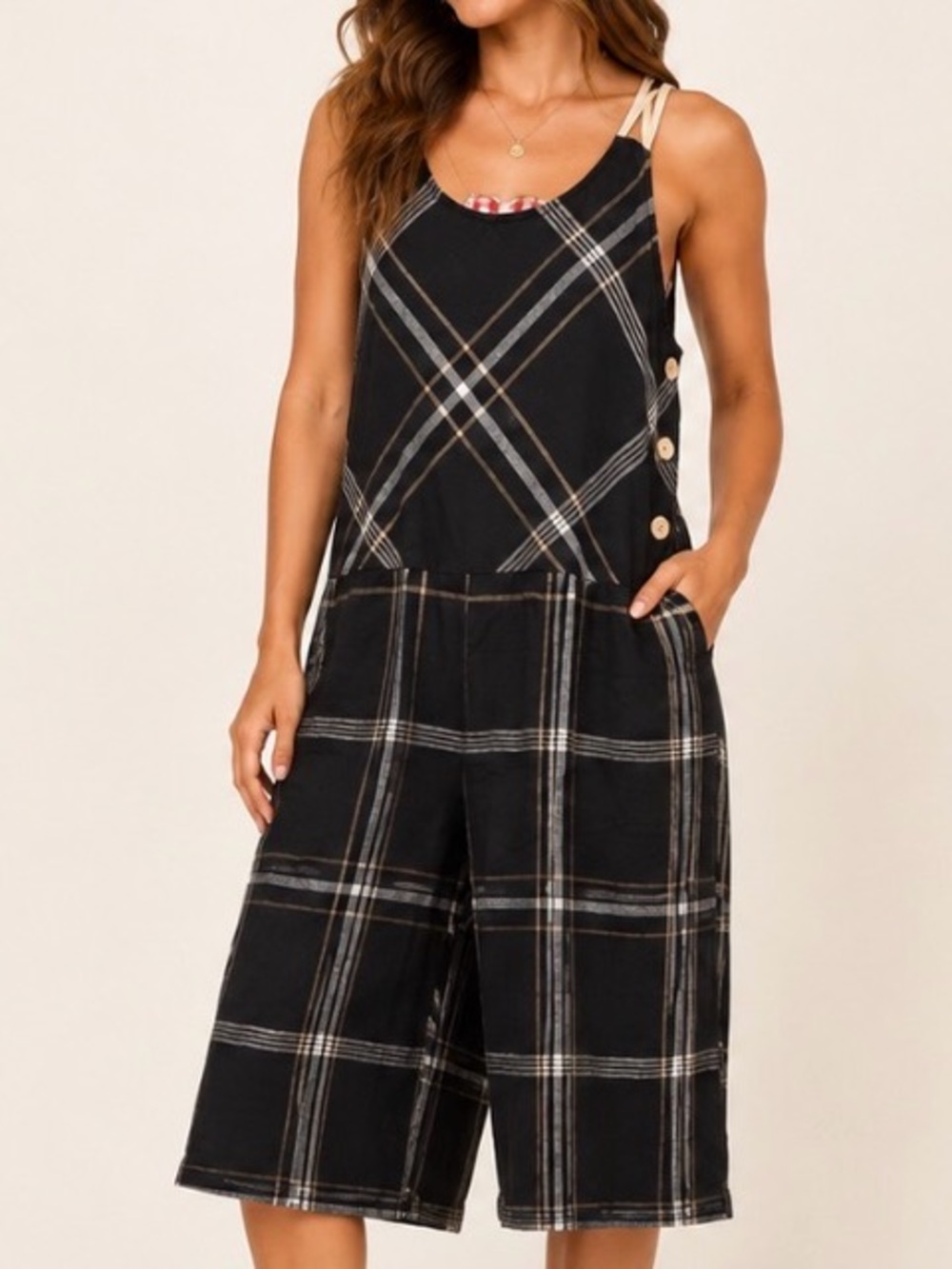 NWOT Women’s Black Plaid Button-Shoulder Romper Jumpsuit